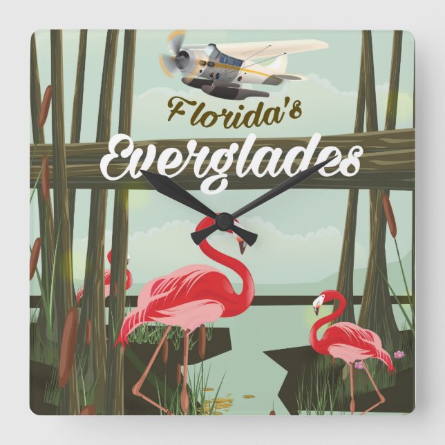Florida Everglades-tecknadens reseaffisch Fyrkantig Klocka (Framsida)