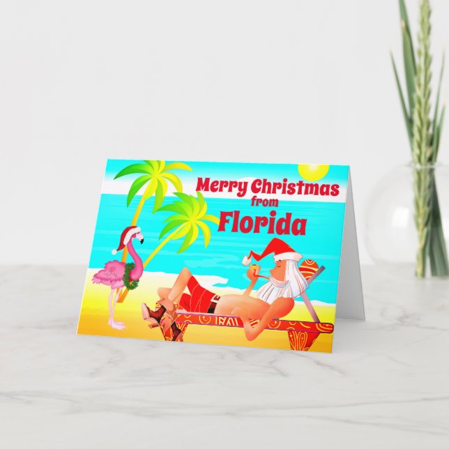 Florida God jul Santa och Flamingo Beach Helgkort (Framsida)