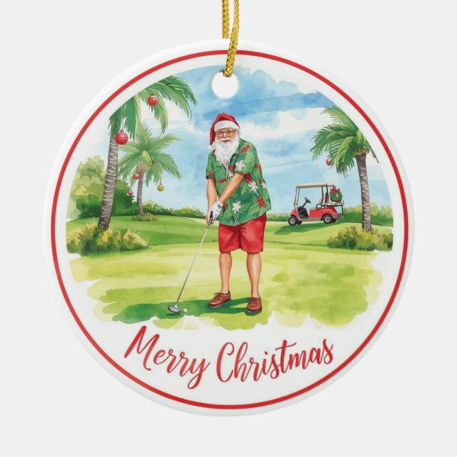 Florida Golfer Santa Golfing  Holiday  Julgransprydnad Keramik (Framsidan)