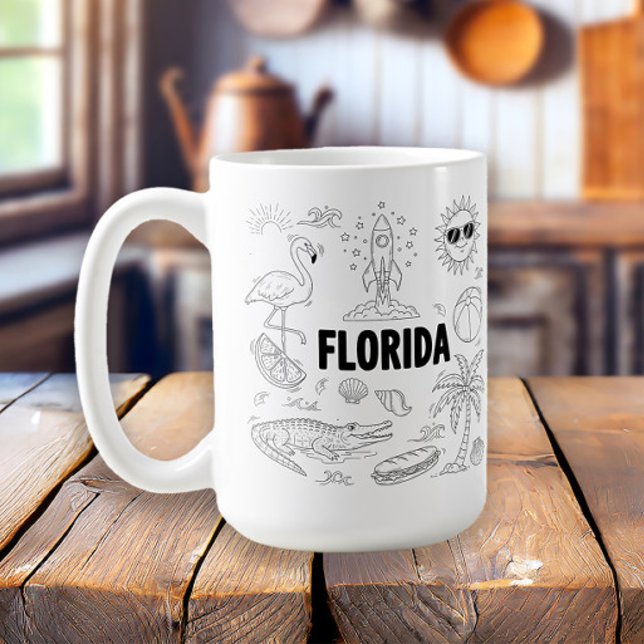 Florida Handritade Linje Konst Symboler Kaffemugg (Florida tourism line art mug)