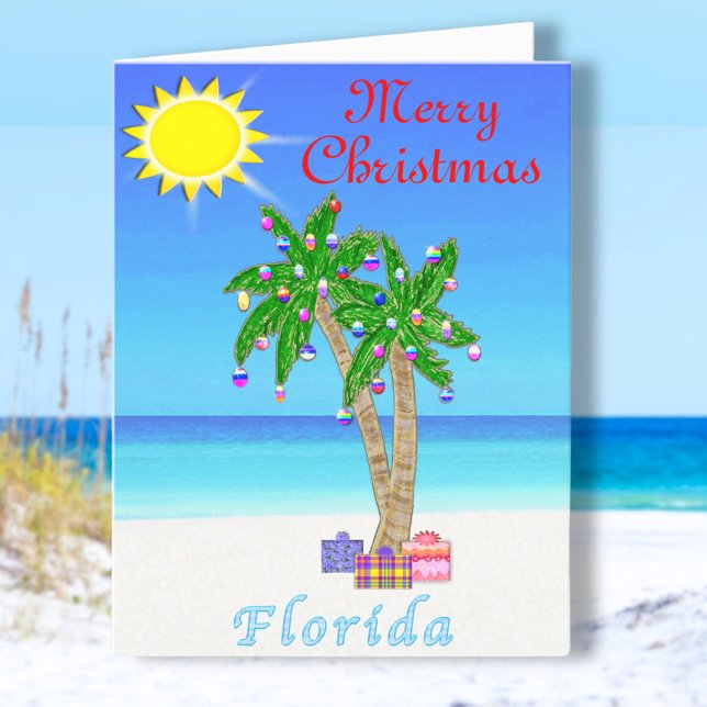 Florida-julkort Handflatan Träd på Beach Helgkort (Cheerful, Florida Christmas Cards. Palm Trees decorated with Ornaments and Gifts. Florida Cards.)
