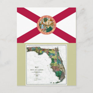 Florida Karta och Statlig flagga Vykort