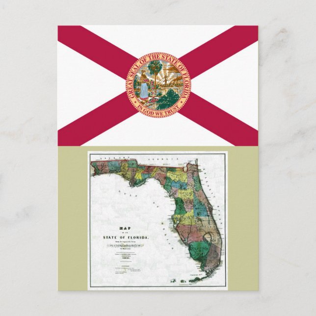 Florida Karta och Statlig flagga Vykort (Framsida)