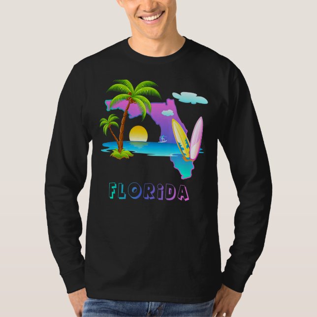 Florida Karta Sunset liggande med Handflatan Träd T Shirt (Framsida)