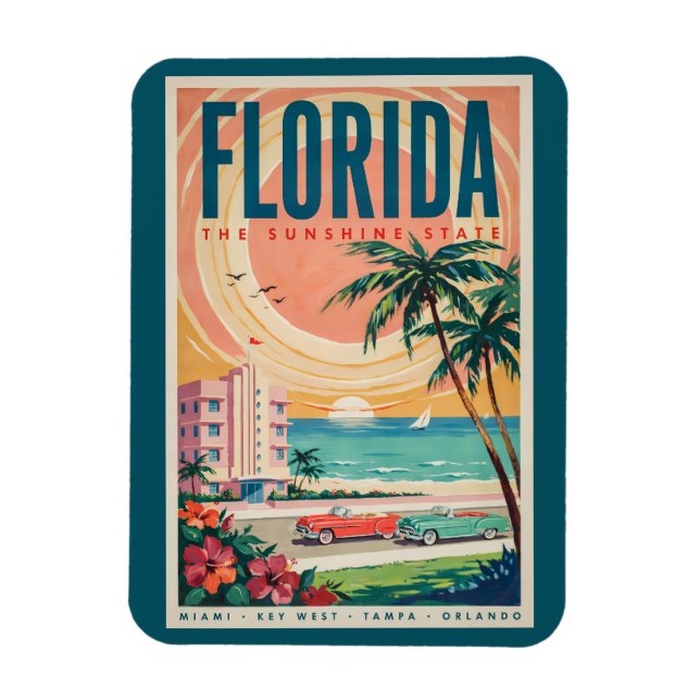 Florida kustbilar illustration resekonst vintage magnet (Vertikal)