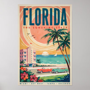 Florida kustbilar illustration resekonst vintage poster
