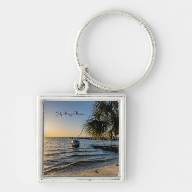 Florida Leaning Handflatan Träd Sunset Keychain Fyrkantig Silverfärgad Nyckelring (Framsidan)