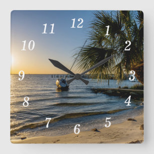 Florida Leaning Handflatan Träd Sunset Wall Clock Fyrkantig Klocka