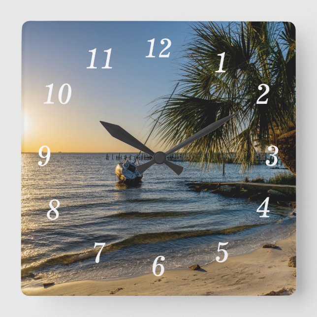 Florida Leaning Handflatan Träd Sunset Wall Clock Fyrkantig Klocka (Framsida)