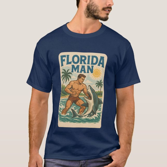 Florida Man Coastal Shark Wrestler - Retro Beach T Shirt (Framsida)