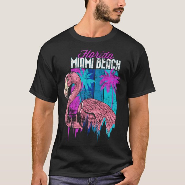 Florida Miami Beach Retro Flamingo Palm Trees Vapo T Shirt (Framsida)