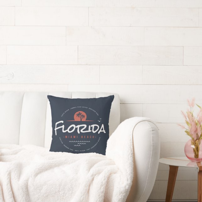 Florida Miami Beach Retro Solnedgång Palm Tropisk  Kudde (Soffa)
