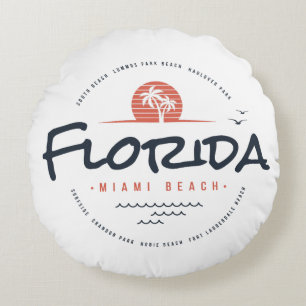 Florida Miami Beach Retro Solnedgång Palm Tropisk Rund Kudde
