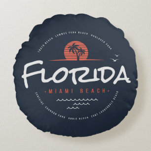 Florida Miami Beach Retro Solnedgång Palm Tropisk Rund Kudde