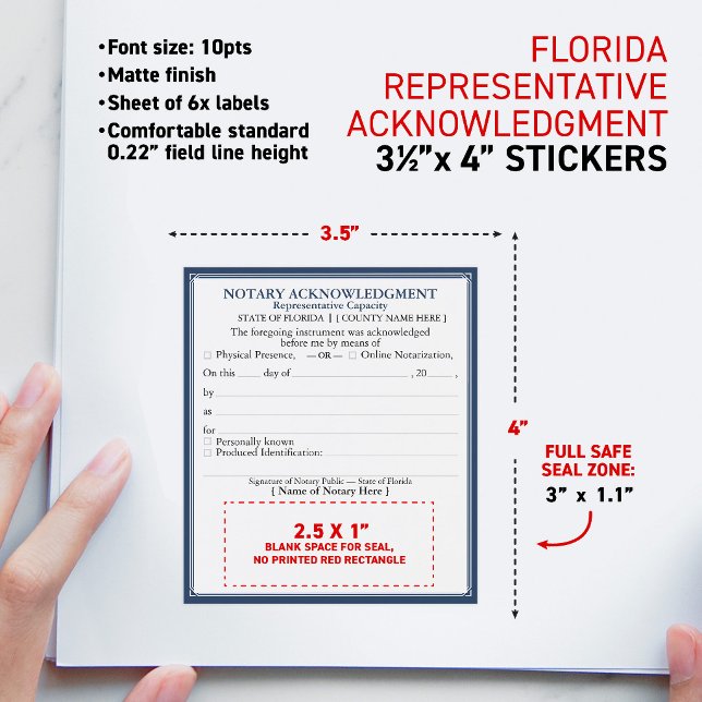 FLORIDA Notariatsbevis för erkännande Rep Vinflaska Etikett (Notary Representative Capacity Acknowledgment Certificate Document Correction matte stickers)