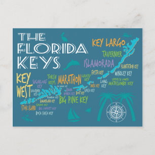 Florida Nycklar Karta med färgad ö namn Vykort