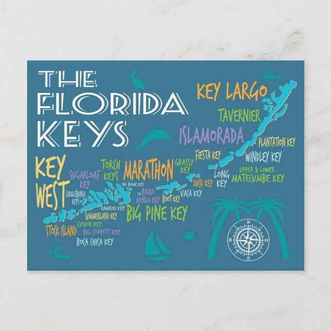 Florida Nycklar Karta med färgad ö namn Vykort (Framsida)
