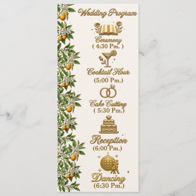 Florida Orange Blossom Guld Elegant Bröllopsprogra Program (Framsida)