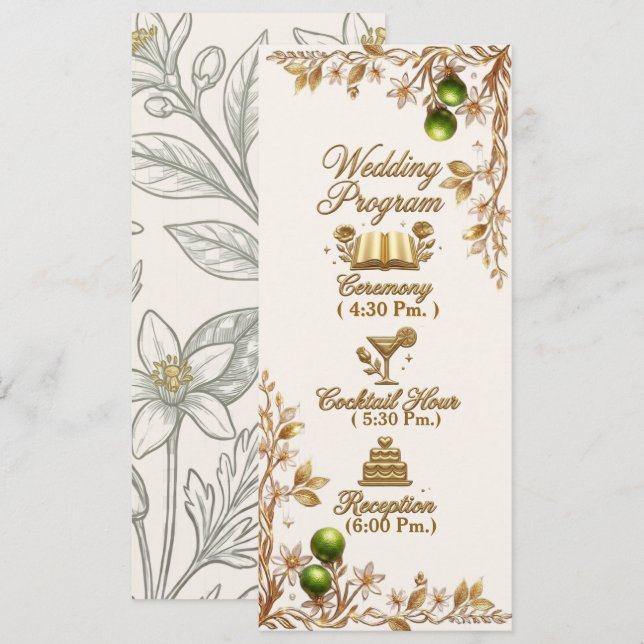 Florida Orange Blossom Guld Elegant Bröllopsprogra Program (Fram/baksida)