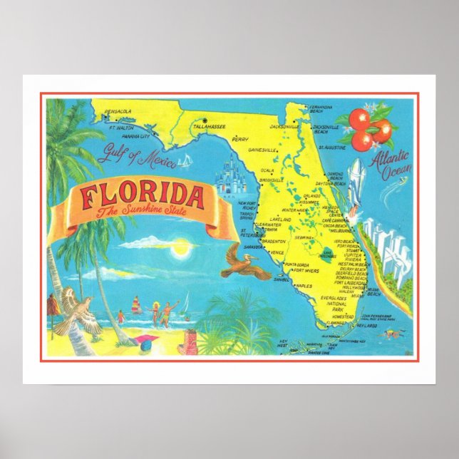Florida Postcard Karta 18x24 Poster Skriv ut (Framsidan)