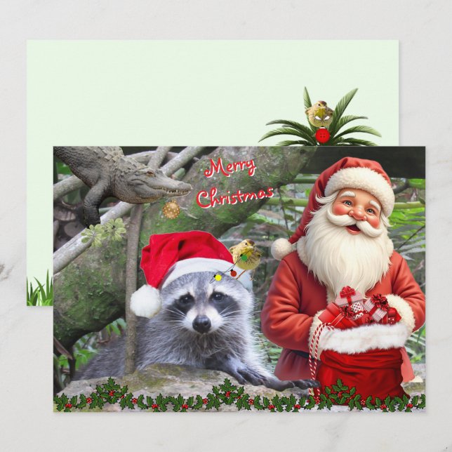 Florida Raccoon, Gator, and Santa Flat Card Julkort (Fram/baksida)