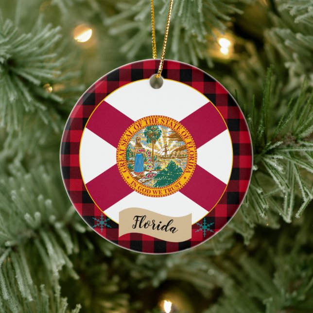 Florida, Red buffalo plaid & Florida Flagga Julgransprydnad Keramik (Träd)