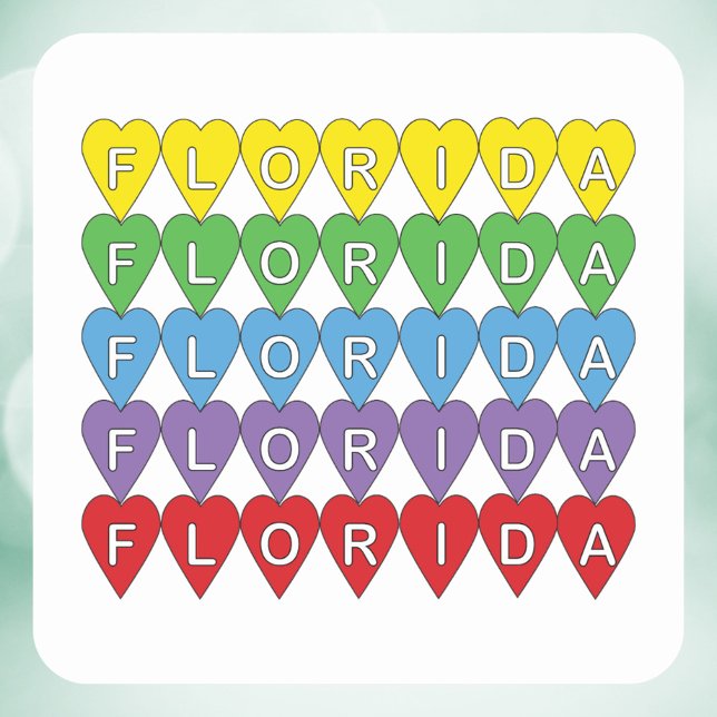 Florida Regnbågs Hjärtan Fyrkantigt Klistermärke (A sticker that says Florida in a rainbow heart pattern.)