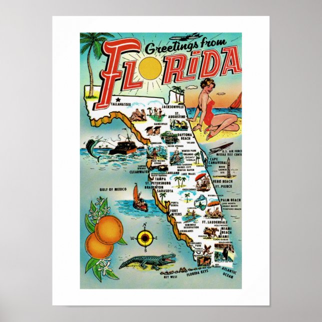 Florida Retro 12 x 16 Karta Paffisch Poster (Framsidan)