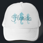 Florida Robin Egg Blue Seahorses Keps<br><div class="desc">Three blue silhouettes of sea horses with room to add text for a customized souvenir.
You can change all of the colors in the typography design.
Customize the font style or add your name instead of a location.</div>