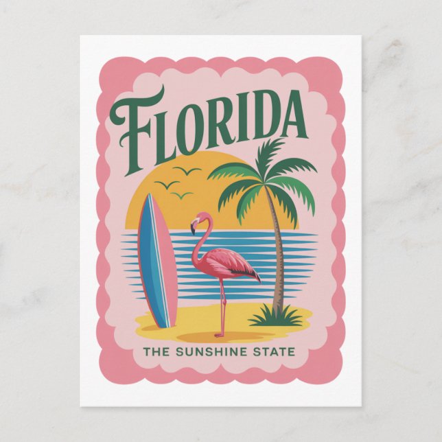 Florida Solstaten Retro Flamingo Strand Vykort (Framsida)