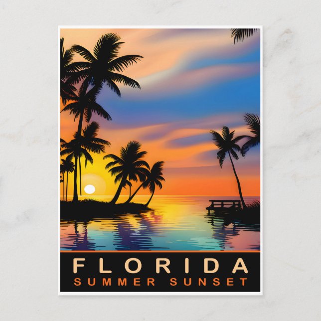 Florida, Sommar-solnedgången med Handflatan Träd,  Vykort (Framsida)