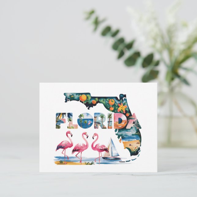 Florida State Karta Tropical Rosa Flamingos Vykort (Stående Fram)