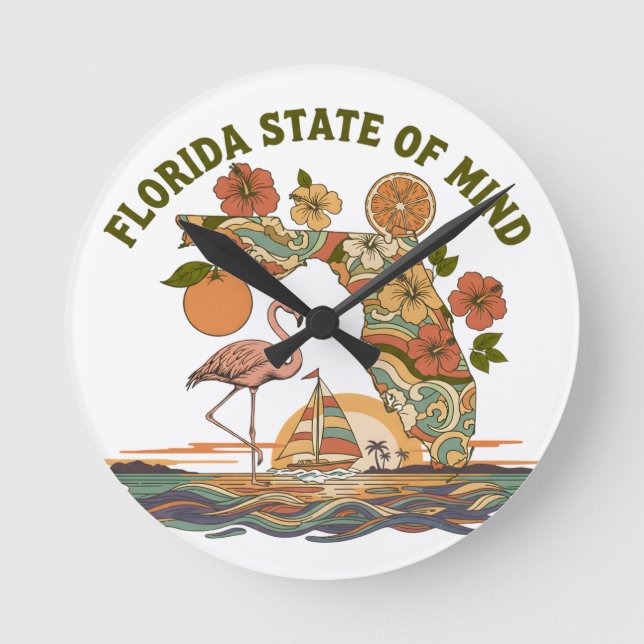Florida State of Mind Retro Flamingo Segelbåt Pres Rund Klocka (Framsida)