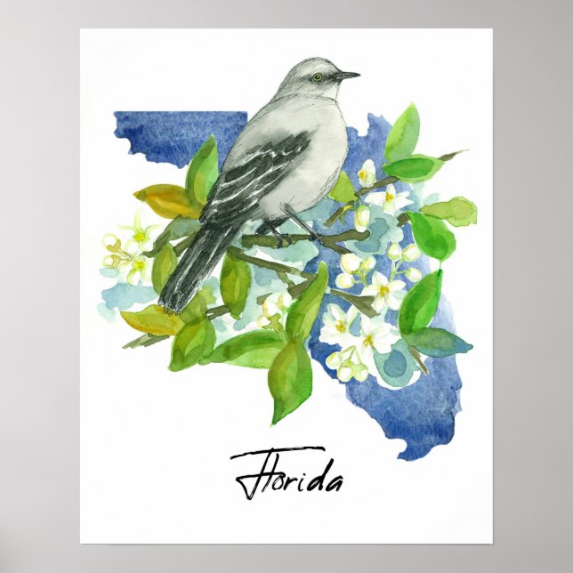 Florida State Shape Orange Blossom Mockingbird Poster (Framsidan)