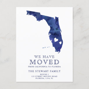 Florida statskarta marinblå akvarell flytt hem meddelande vykort