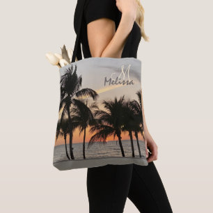 Florida Sunset Handflatan Träd Ocean Monogram Nam Tygkasse