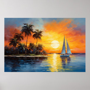 Florida Sunset med Sailboat-Oljemålning Poster