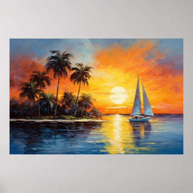 Florida Sunset med Sailboat-Oljemålning Poster (Framsidan)