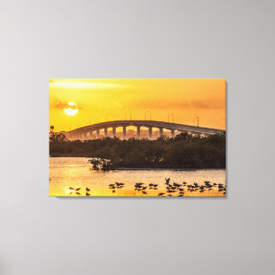 Florida Sunset Titusville Bridge Birds in Vatten Canvastryck