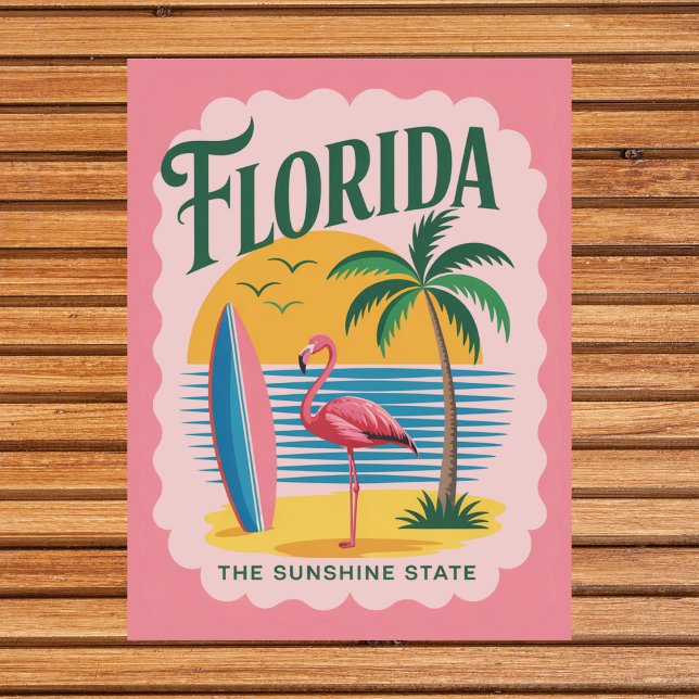 Florida Sunshine State Retro Flamingo Surfa Vykort (Florida The Sunshine State Retro Flamingo Surf Postcard
)