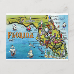 Florida Tecknad Karta Vykort