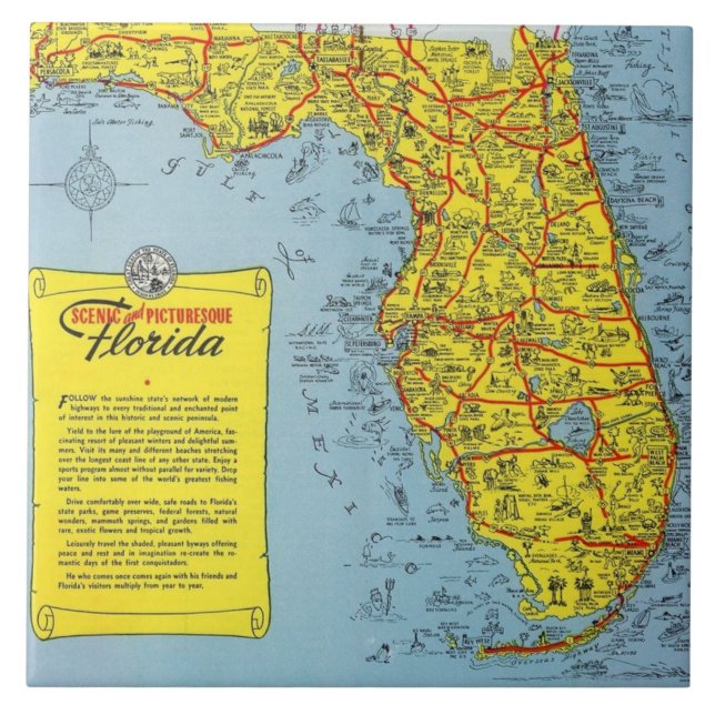 Florida Tourist Karta Ceramic Tile Kakelplatta (Framsidan)