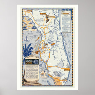 Florida Travel Karta 20 x 28 Poster Skriv ut