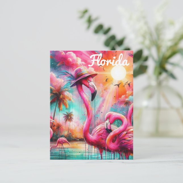 Florida Tropical Rosa Flamingos Handflatan Träd So Vykort (Stående Fram)