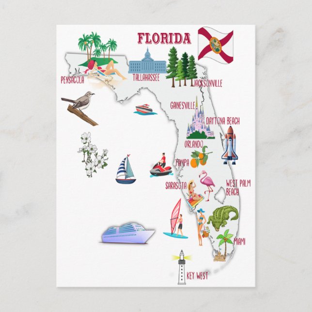Florida-turisten karta med landmärken vykort (Framsida)