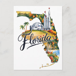 Florida USA State Shaped Vintage Watercolor Vykort