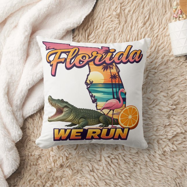Florida Vi Springar Solnedgång Alligator Flamingo  Kudde (Filt)