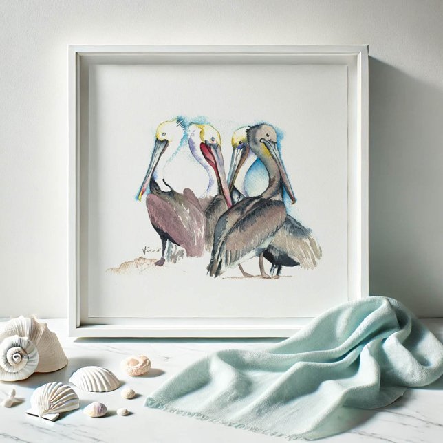 Florida Watercolor Pelican Art Poster (Beach art for living rooms watercolor pelicans by Victoria Grigaliunas of Do Tell A Belle)