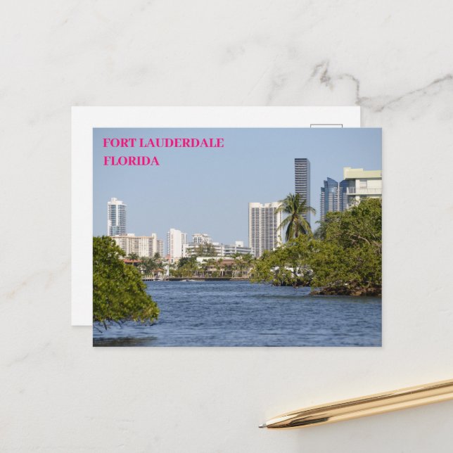 Florida Waterway till Byggnad Fort Lauderdale Vykort (Fram/Back In Situ)