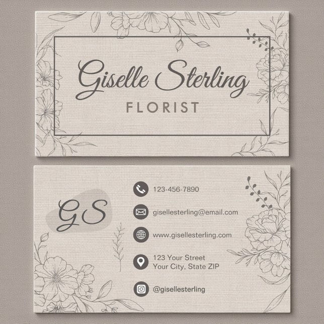 Florist Blommig Beige Linne Blommig Linje Konst Visitkort (Skapare uppladdad)